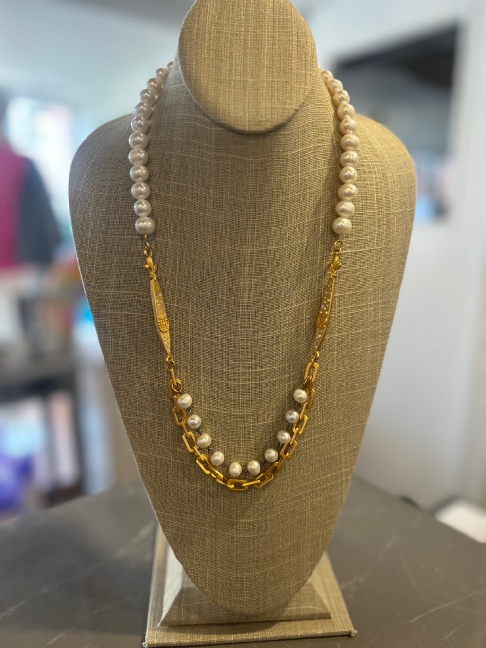 24K gold clad Chain and FreshwaterWhite Pearl Layered Necklace by French Kande - Picture 4 of 8